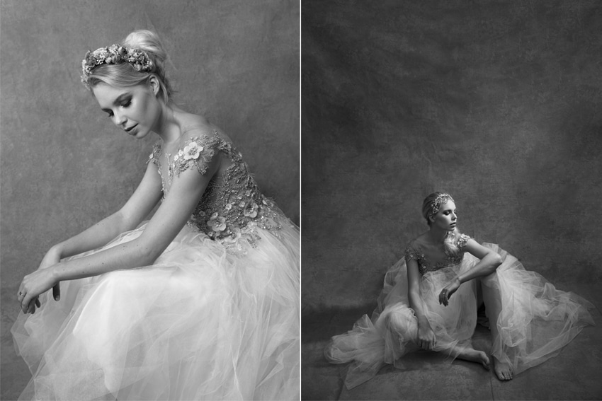 Vienna Editorial — Couture-Brautmoden Niely Hoetsch und Schmuck Solaine Piccoli, Schwarzweiß-Studio
