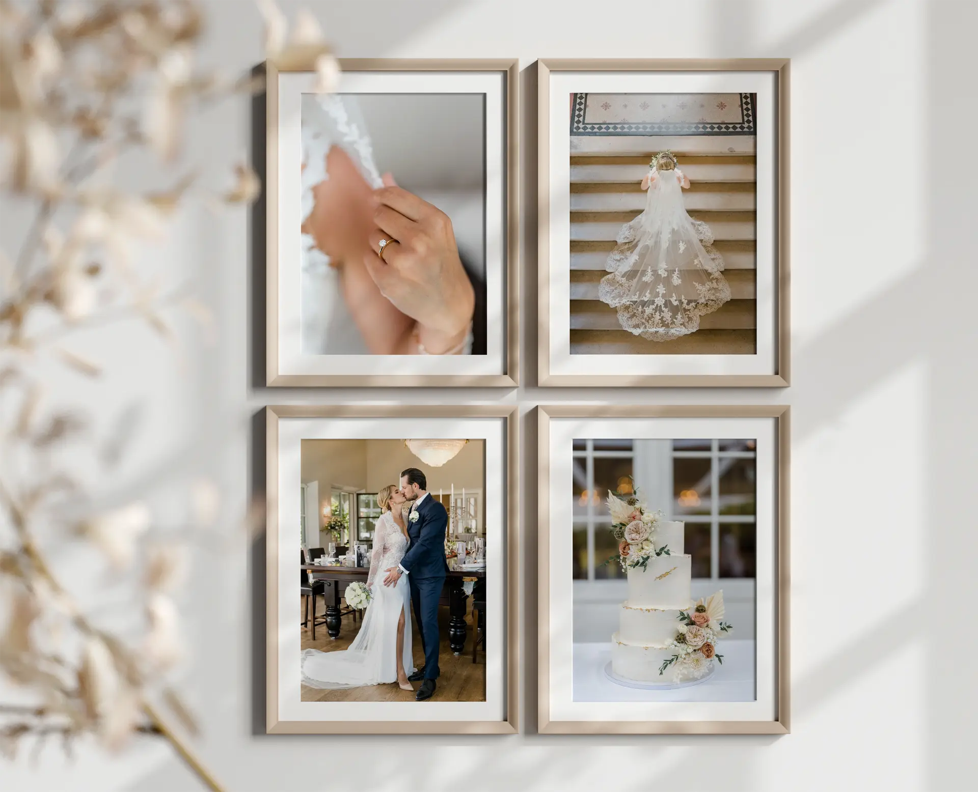 Hochwertige Wandbilder mit Brautmoment, Brautkleid, Brautpaar und Hochzeitstorte von Golden Elephant Weddings